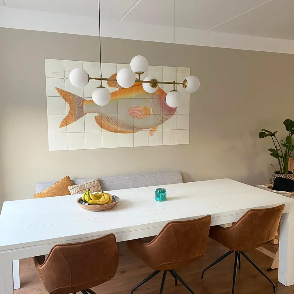 Design hanglamp Hepta gouden frame en melkwit glas