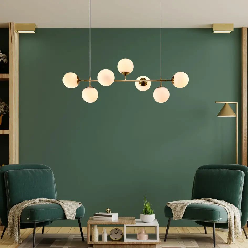 Design hanglamp Hepta gouden frame en melkwit glas