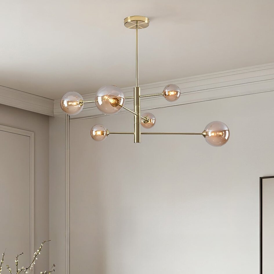 Design plafondlamp goud met amber glas, 6-lichts - Sest