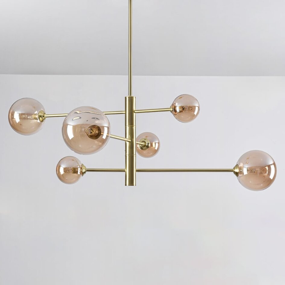 Design taklampa guld med bärnstensfärgat glas, 6 ljuskällor - Sest