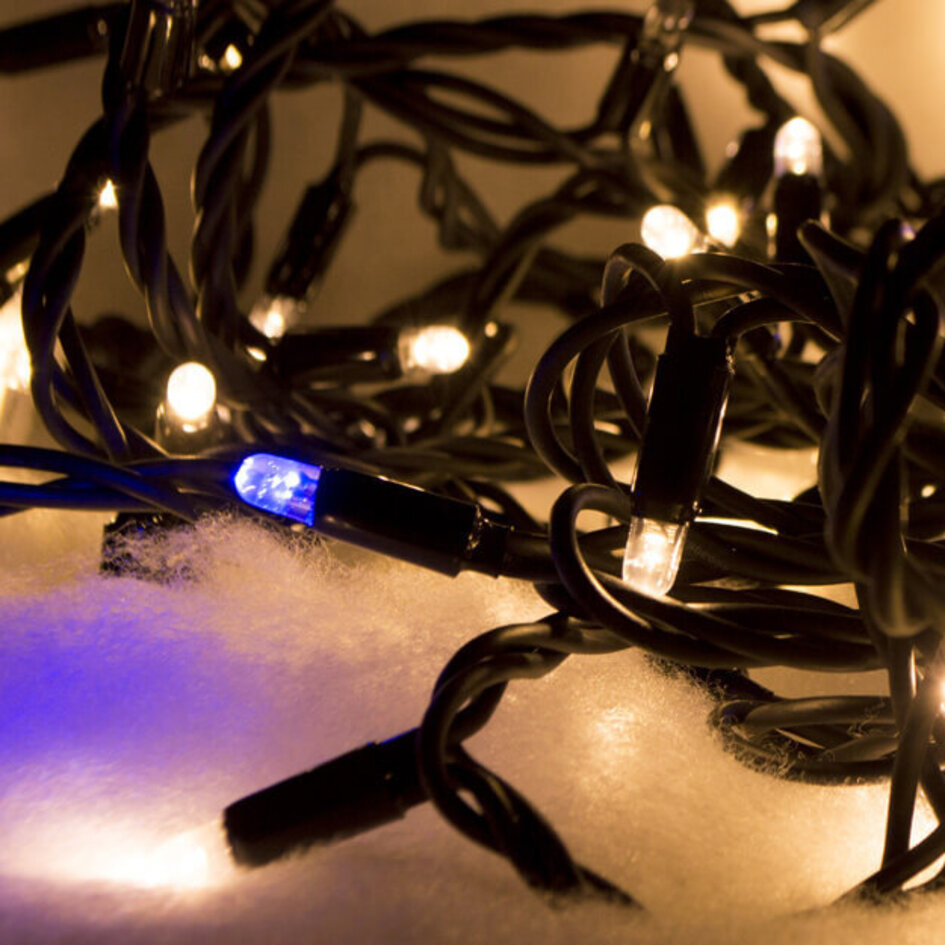 Kopplingsbar julbelysning | varmvit med blått glitter | från 10 meter med 100 LED | gummi