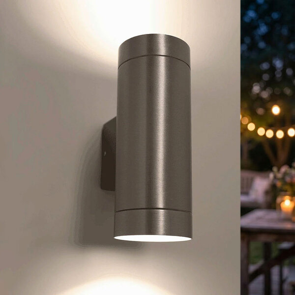 Utomhusvägglampa Alu upp/ner med två lampor - borstat rostfritt stål med två GU10-ljuskällor
