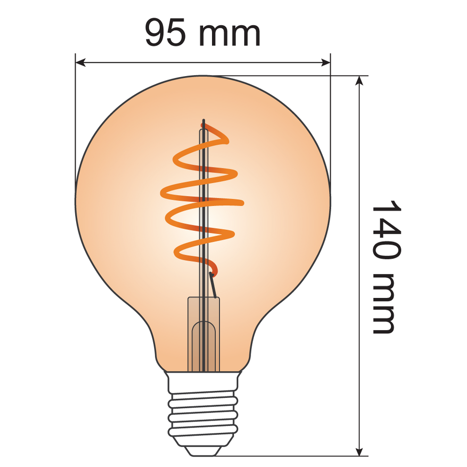 Filament-LED-lampa dimbar 5 watt, amber croissantspiral 95 mm