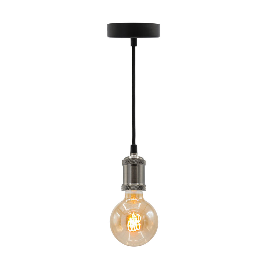 Modern silverfärgad sladdpendel inkl. 5W XL-lampa, amberglas, 1800K, Ø95 mm