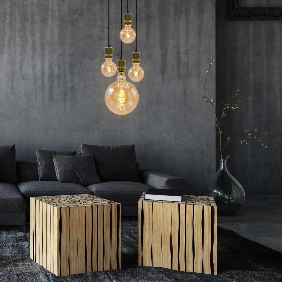 Industriell guld sladdpendel inkl. 5W XL lampa, bärnstensfärgat glas, 1800K, Ø95