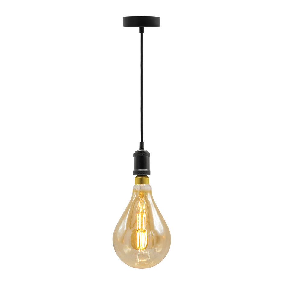 Modern mattsvart sladdpendel inkl. 8,5W till 10W XXL-lampa, amberglas, 2000K, Ø160 mm