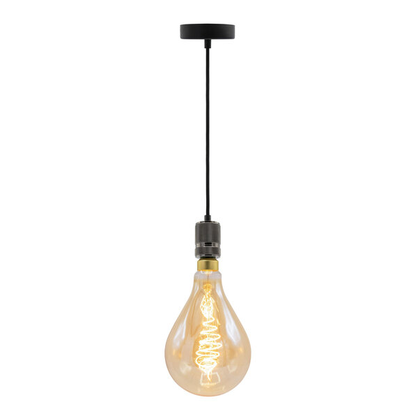 Industriell blanksvart sladdpendel inkl. 10W dubbel filamentlampa, amberglas, 2000K, Ø160 mm