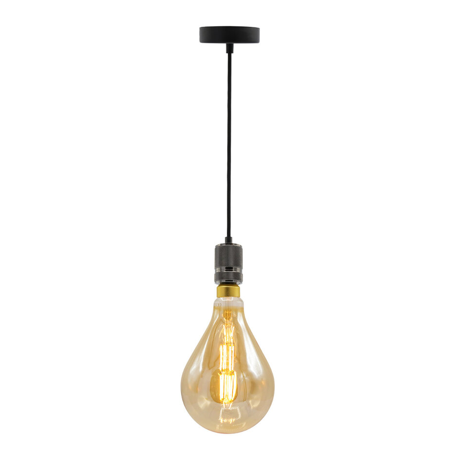 Industriell blanksvart sladdpendel inkl. 10W dubbel filamentlampa, amberglas, 2000K, Ø160 mm