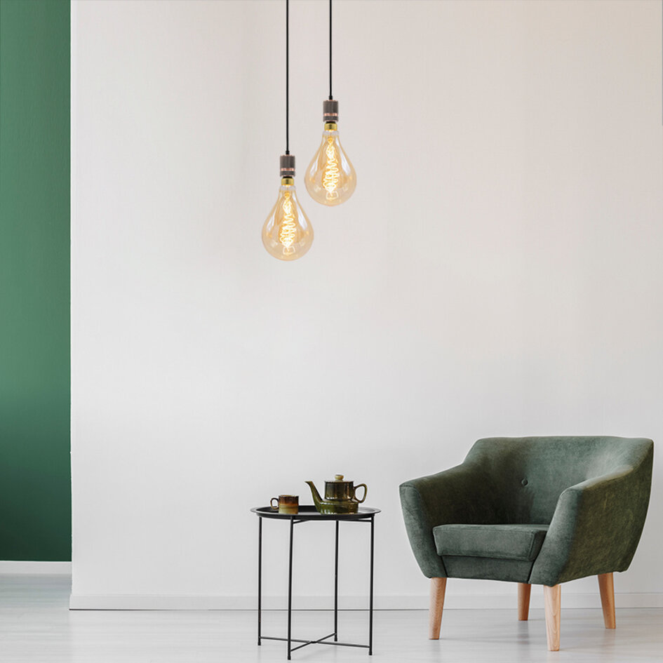 Industriell roséguldfärgad sladdpendel inkl. 8,5W till 10W XXL-lampa, amberglas, 2000K, Ø160 mm