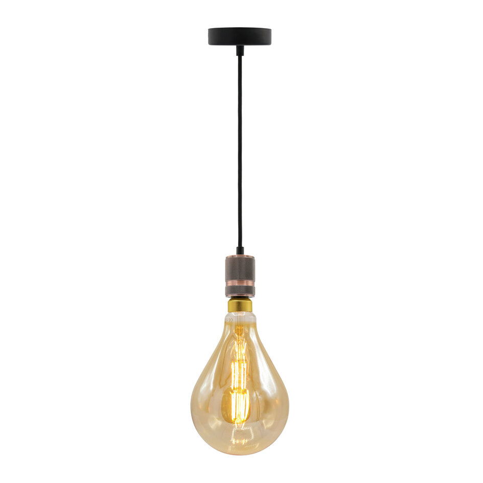 Industriell roséguldfärgad sladdpendel inkl. 8,5W till 10W XXL-lampa, amberglas, 2000K, Ø160 mm