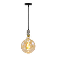 Industriell silverfärgad sladdpendel inkl. 8,5W till 10W XXXL lampa, bärnstensfärgat glas, 2000K, Ø200