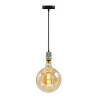 Industriell silverfärgad sladdpendel inkl. 8,5W till 10W XXXL lampa, bärnstensfärgat glas, 2000K, Ø200
