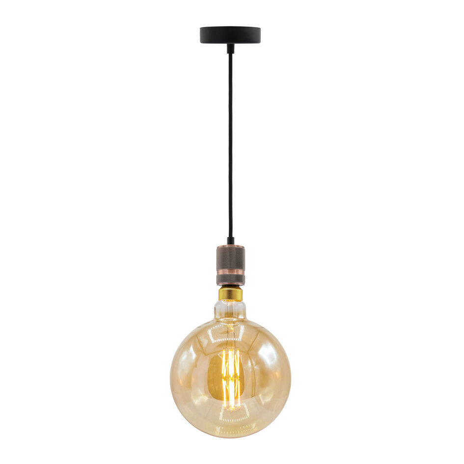Industriell roséguldfärgad sladdpendel inkl. 8,5W till 10W XXXL-lampa, amberglas, 2000K, Ø200 mm