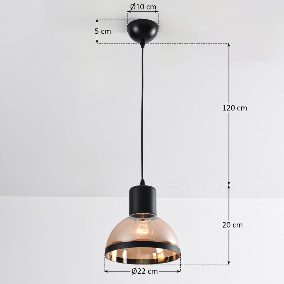 Klassisk pendellampa Paris - svart med amberfärgat glas