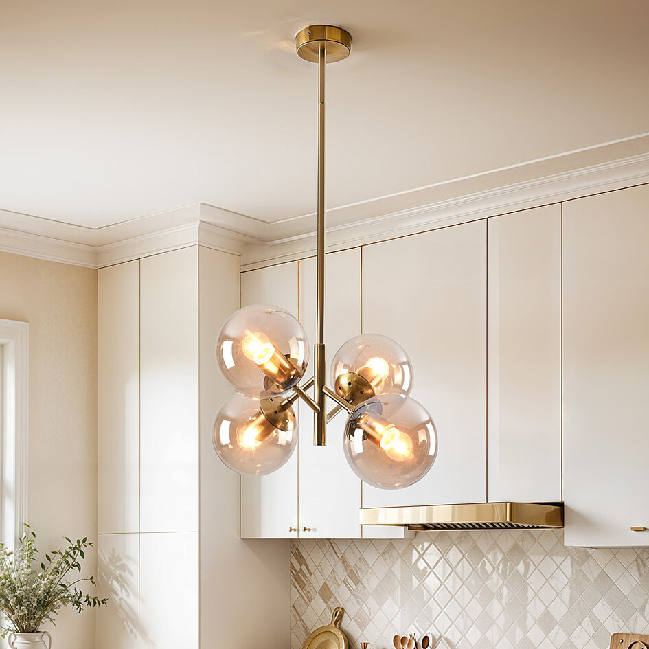 Retro pendellampa Florence med fyra lampor - guld med amber