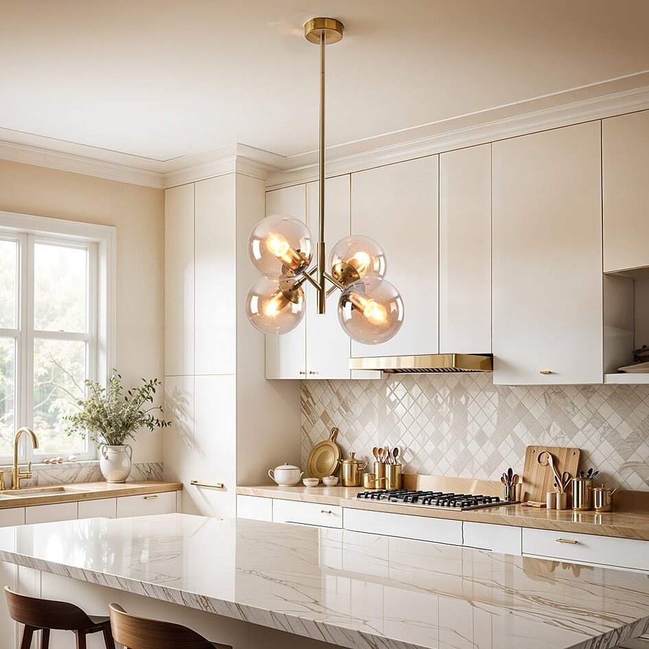 Retro pendellampa Florence med fyra lampor - guld med amber