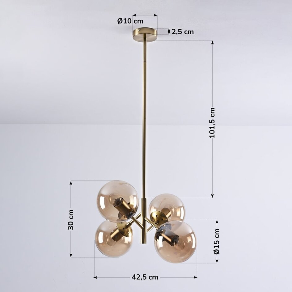 Retro pendellampa Florence med fyra lampor - guld med amber