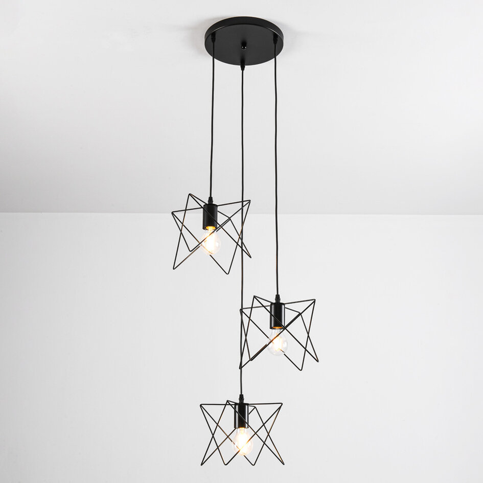 Industriell pendellampa Star med tre lampor i svart metall