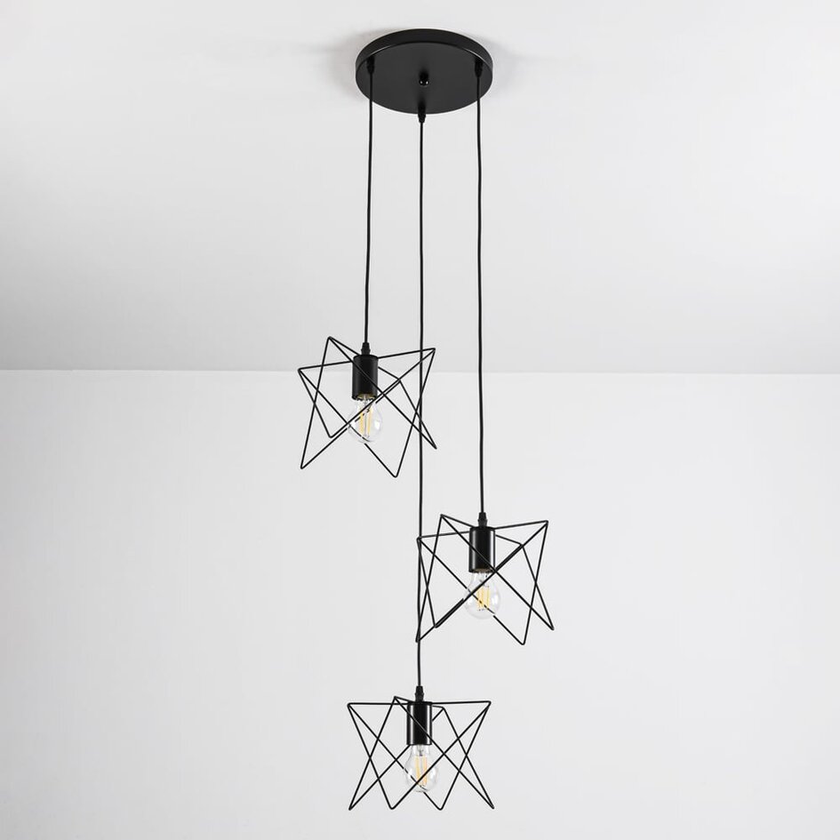 Industriell pendellampa Star med tre lampor i svart metall