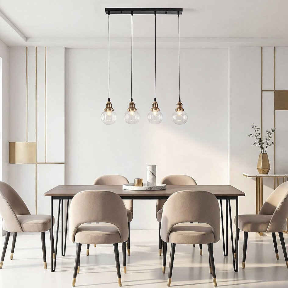 Art deco-pendellampa Bologna med fyra lampor - transparent glas
