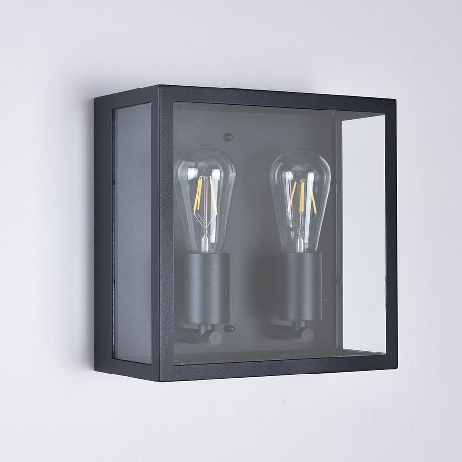 Utomhusvägglampa Gabriella med två lampor - svart rostfritt stål med glas