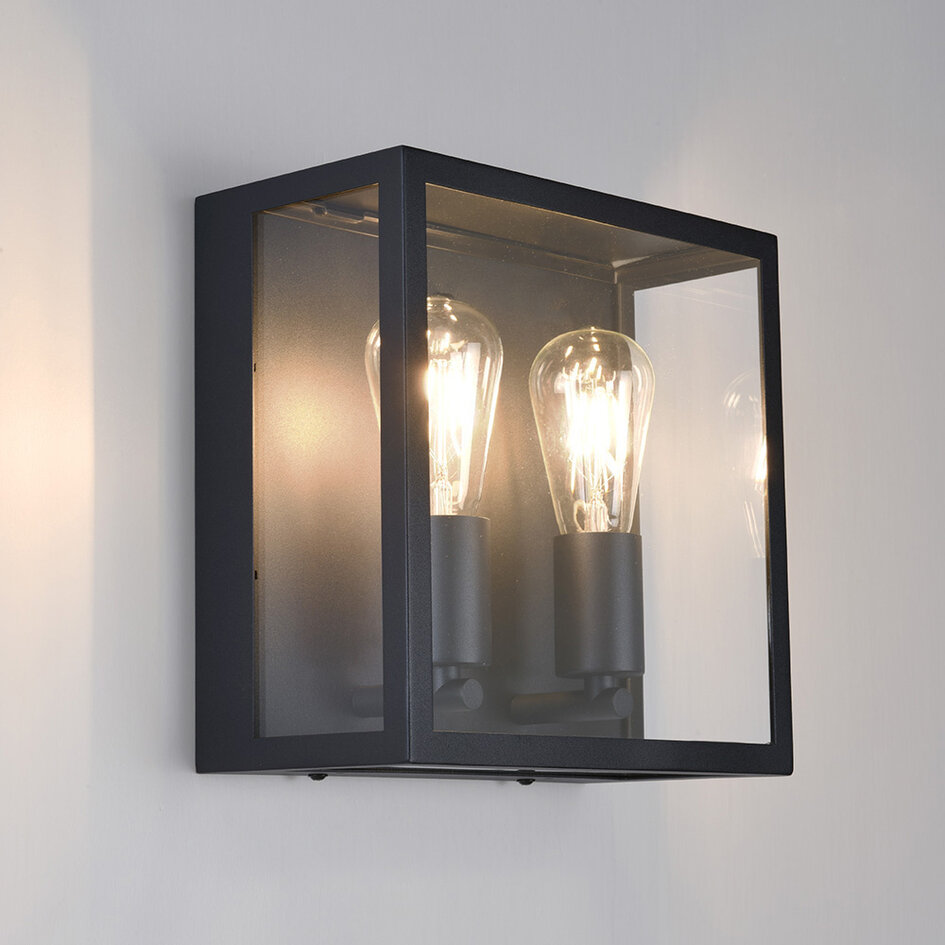 Utomhusvägglampa Gabriella med två lampor - svart rostfritt stål med glas