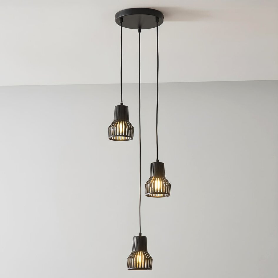 Industriell pendellampa Hailey med tre lampor i svart