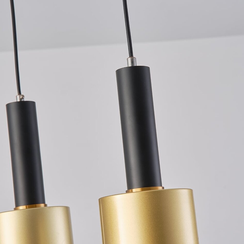 Modern pendellampa Chantal med tre lampor, mattsvart med guld