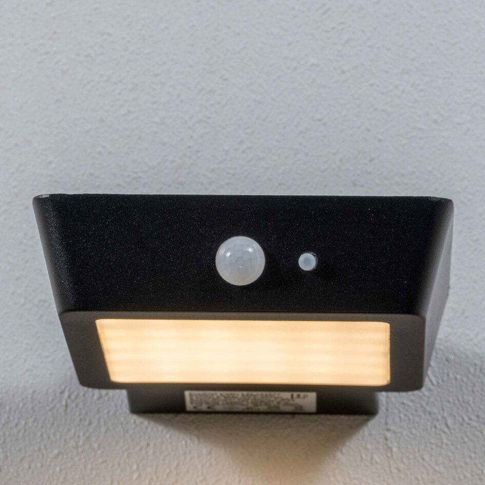 Modern solcellsdriven utomhusvägglampa med sensor i svart - Shiny