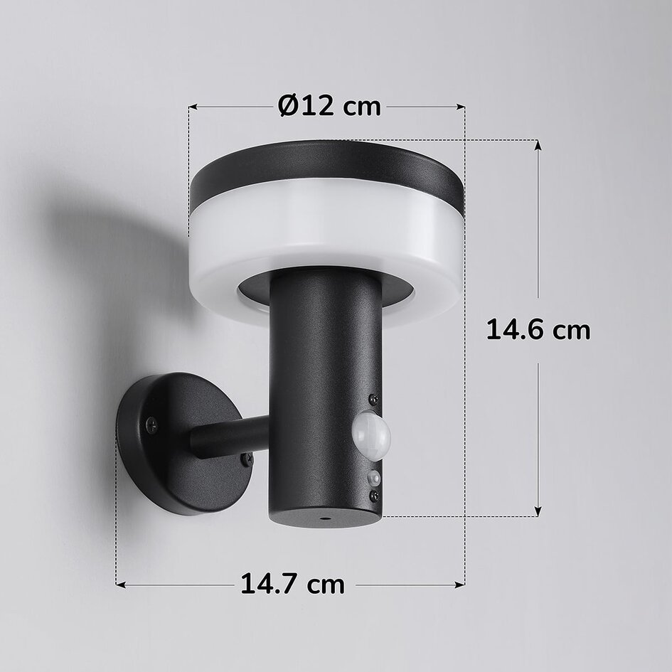 Modern solcellsvägglampa för utomhusbruk i svart med sensor - Sandrine