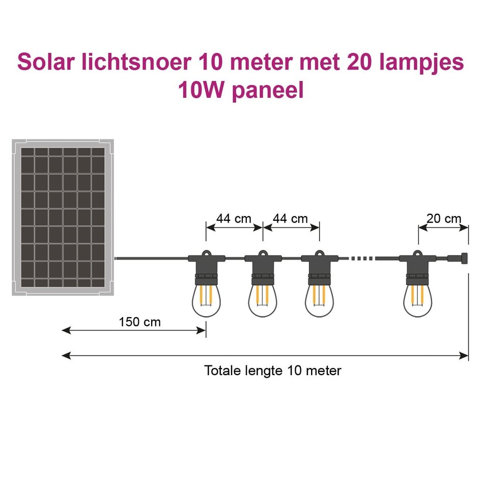 Solcellsdriven ljusslinga 10 meter med 20 lampor med dubbelt filament, 10W solpanel