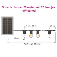 Solcellsdriven ljusslinga 20 meter med 20 lampor med dubbelt filament, 10W solpanel