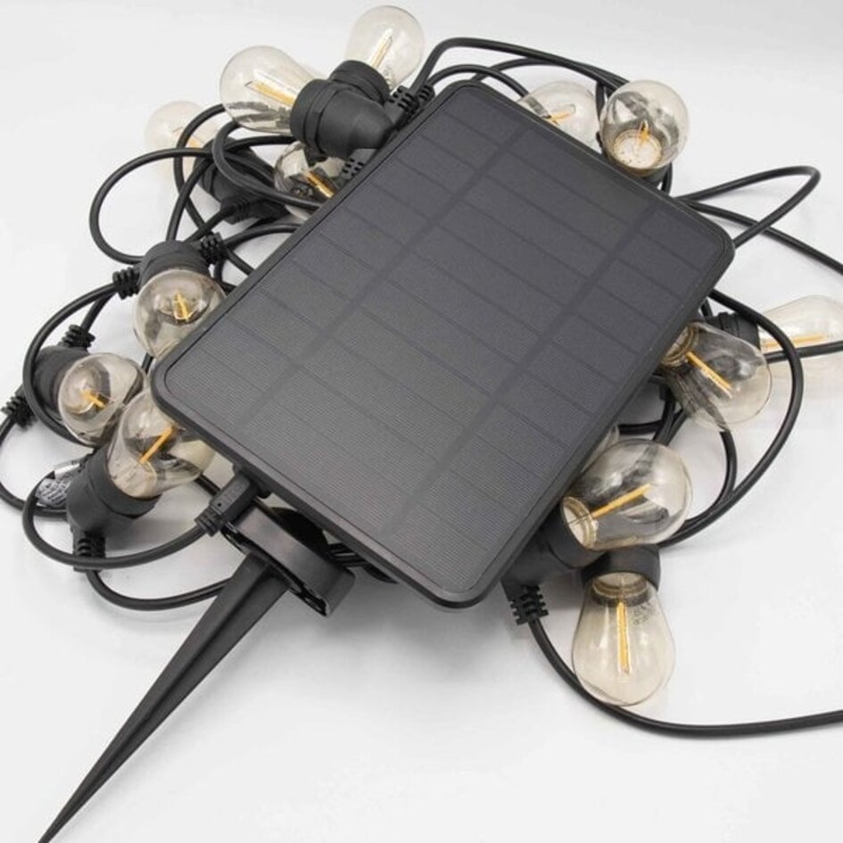 Solcellsdriven ljusslinga 10 meter med 20 lampor och hängande lampfattning, 6W solpanel