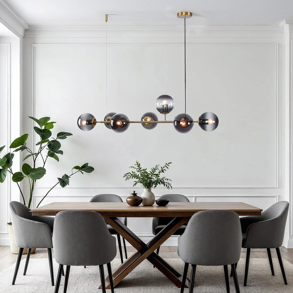 Designad pendellampa Sette med sju lampor - rökfärgat glas och guld