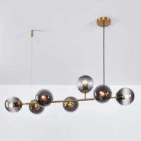 Designad pendellampa Sette med sju lampor - rökfärgat glas och guld