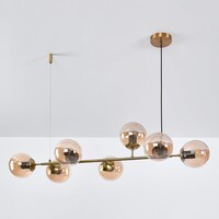 Designad pendellampa Sette med sju lampor - amberfärgat glas och guld