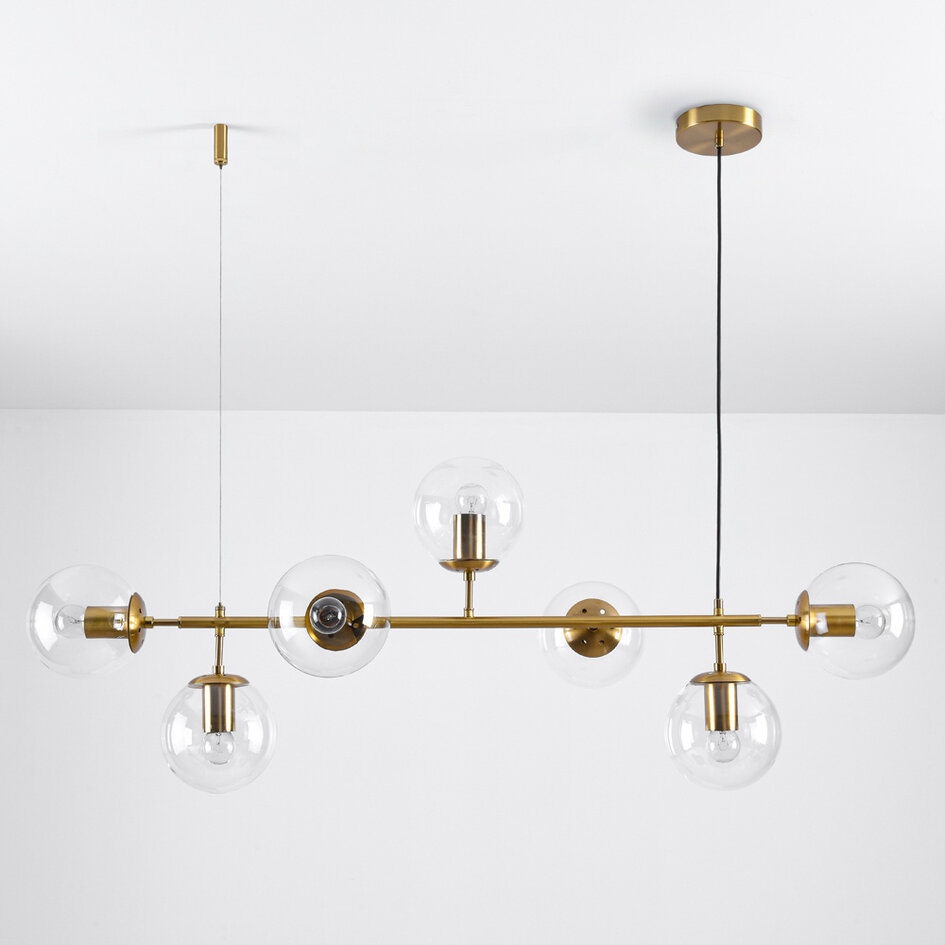 Designad pendellampa Hepta med sju lampor - transparent glas och guld