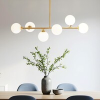 Designad taklampa Aster med sex lampor - guld och mjölkvitt glas