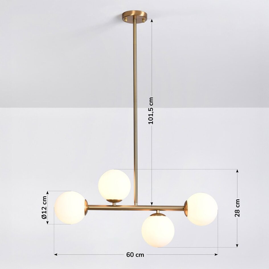 Designad taklampa Asun med fyra lampor - guld och mjölkvitt glas