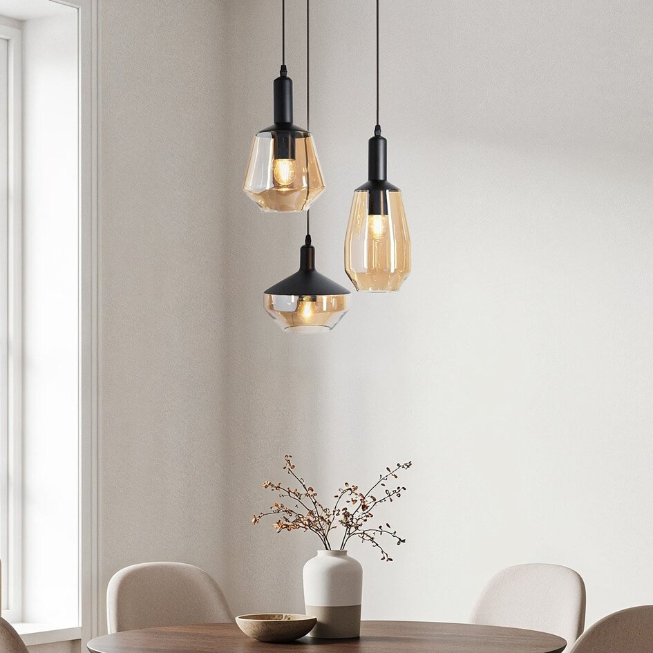 Designad pendellampa Mala med tre lampor - amberfärgat glas