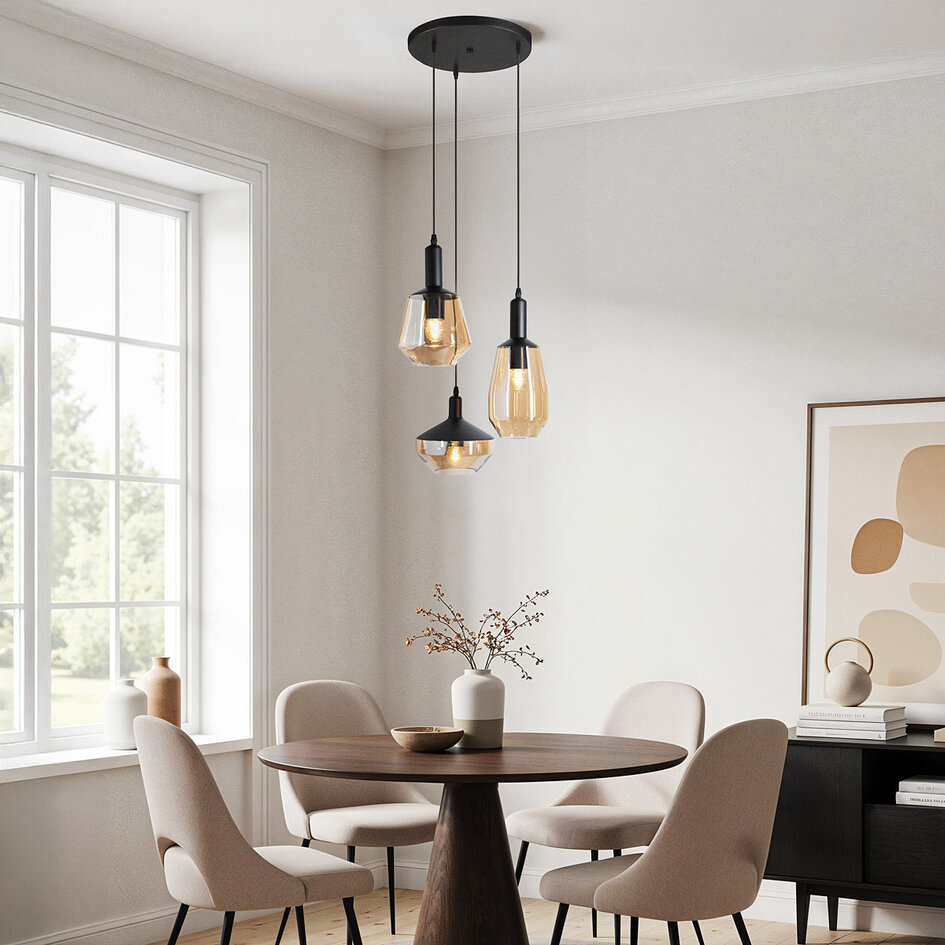 Designad pendellampa Mala med tre lampor - amberfärgat glas