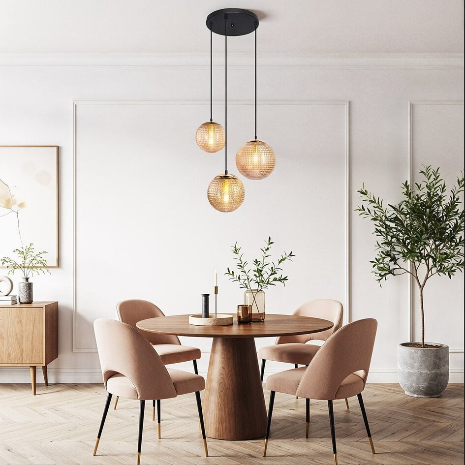 Designad pendellampa Sila med tre lampor - räfflat amberfärgat glas