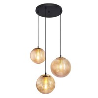 Designad pendellampa Sila med tre lampor - räfflat amberfärgat glas
