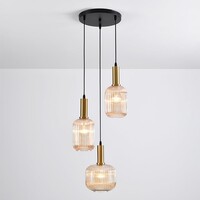 Designad pendellampa Sita med tre lampor - svart och guld med amberfärgat glas