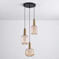 Designad pendellampa Sita med tre lampor - svart och guld med amberfärgat glas