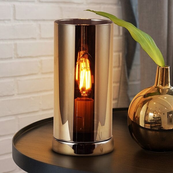 Bordslampa Modesto med grått rökfärgat glas och glänsande fot
