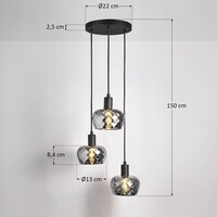 Matt svart taklampa med rökfärgat grått glas 3-ljus - Reno