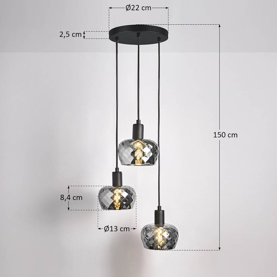 Matt svart taklampa med rökfärgat grått glas 3-ljus - Reno