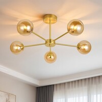 Modern taklampa Louisa med fem lampor - guld och amberfärgat glas