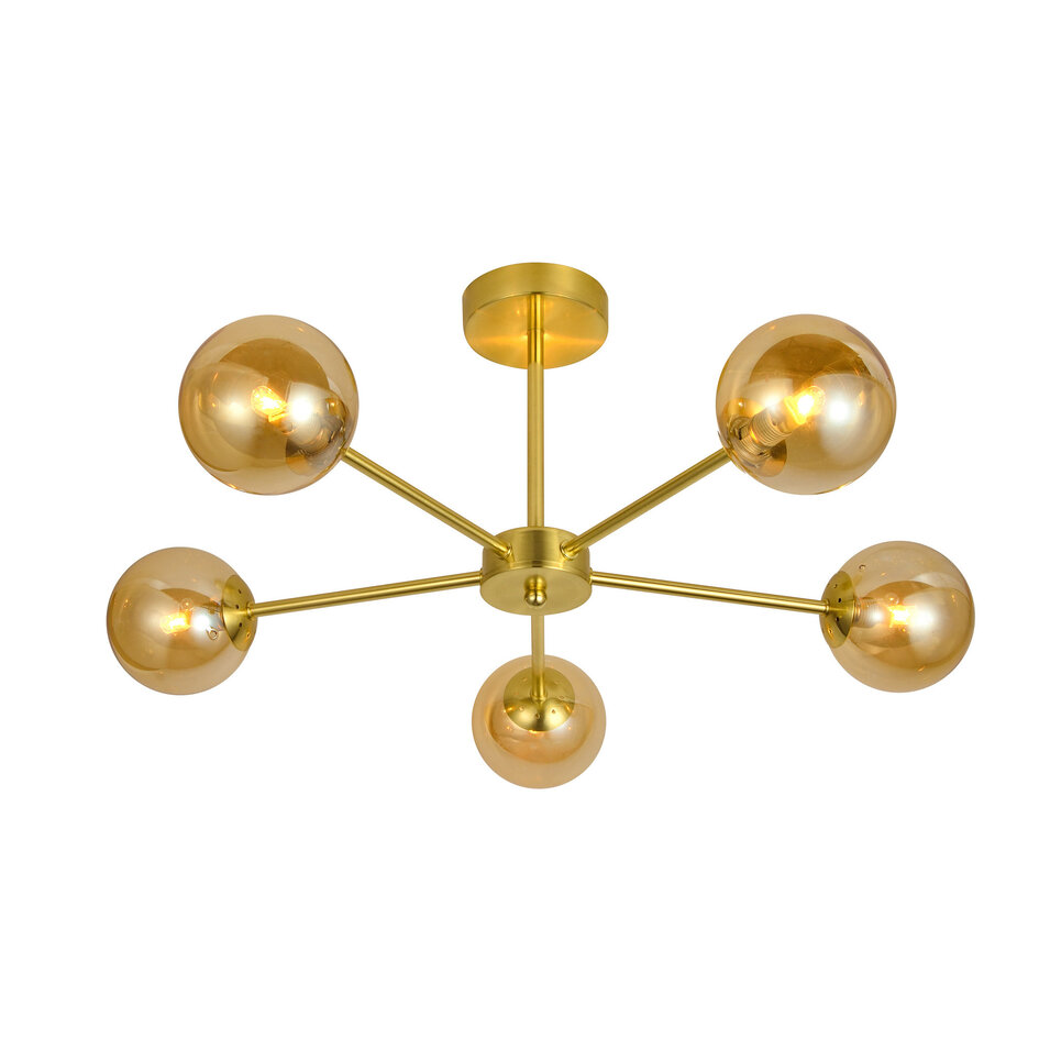 Modern taklampa Louisa med fem lampor - guld och amberfärgat glas